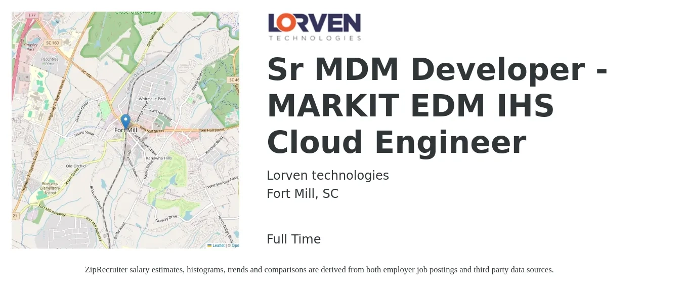 Lorven technologies job posting for a Sr MDM Developer - MARKIT EDM IHS Cloud Engineer in Fort Mill, SC with a salary of $47 to $70 Hourly with a map of Fort Mill location.