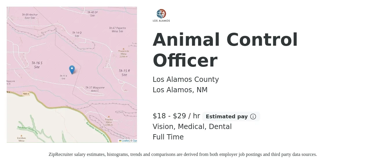 Los Alamos County job posting for a Animal Control Officer in Los Alamos, NM with a salary of $19 to $31 Hourly and benefits including dental, life_insurance, medical, and vision with a map of Los Alamos location.