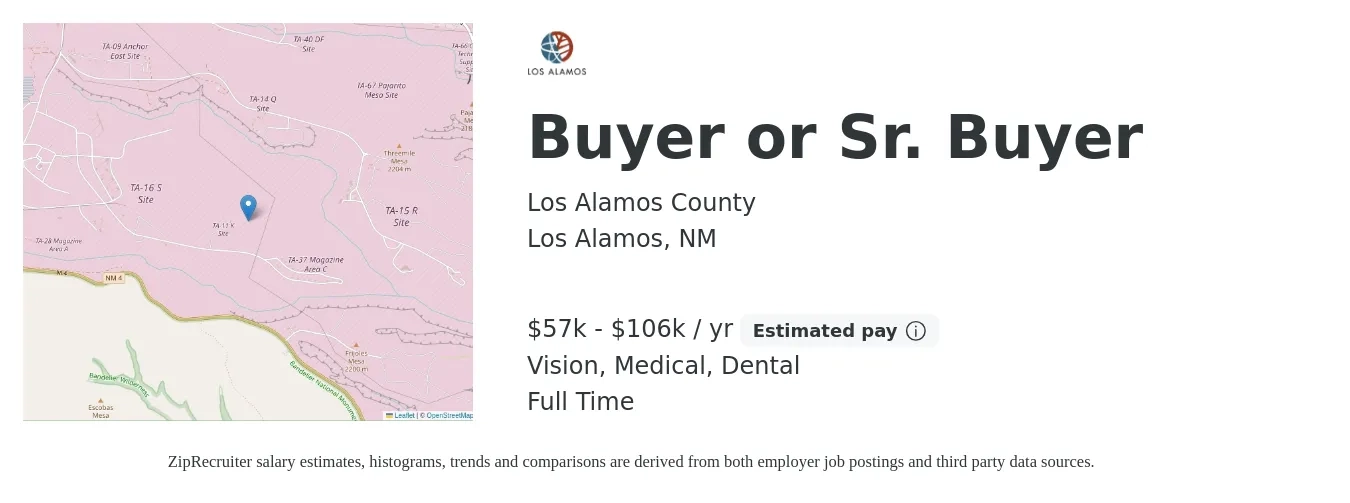 Los Alamos County job posting for a Buyer or Sr. Buyer in Los Alamos, NM with a salary of $57,974 to $106,681 Yearly and benefits including vision, dental, life_insurance, and medical with a map of Los Alamos location.