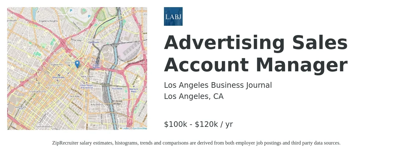 Los Angeles Business Journal job posting for a Advertising Sales Account Manager in Los Angeles, CA with a salary of $70,000 to $100,000 Yearly and benefits including vision, dental, life_insurance, medical, and retirement with a map of Los Angeles location.