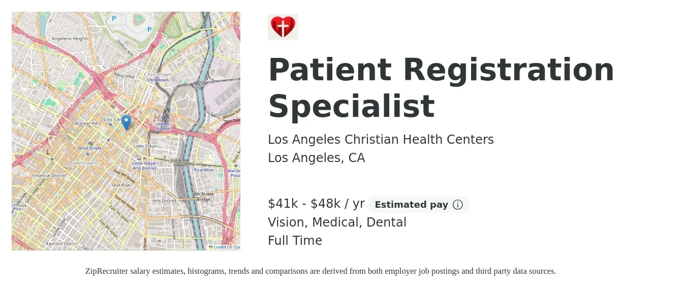 Los Angeles Christian Health Centers job posting for a Patient Registration Specialist in Los Angeles, CA with a salary of $41,600 Yearly with a map of Los Angeles location.