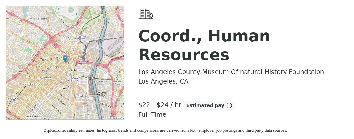 Los Angeles County Museum Of natural History Foundation job posting for a Coord., Human Resources in Los Angeles, CA with a salary of $24 to $26 Hourly with a map of Los Angeles location.