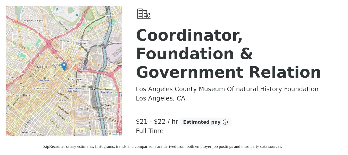 Los Angeles County Museum Of natural History Foundation job posting for a Coordinator, Foundation & Government Relation in Los Angeles, CA with a salary of $22 to $24 Hourly with a map of Los Angeles location.