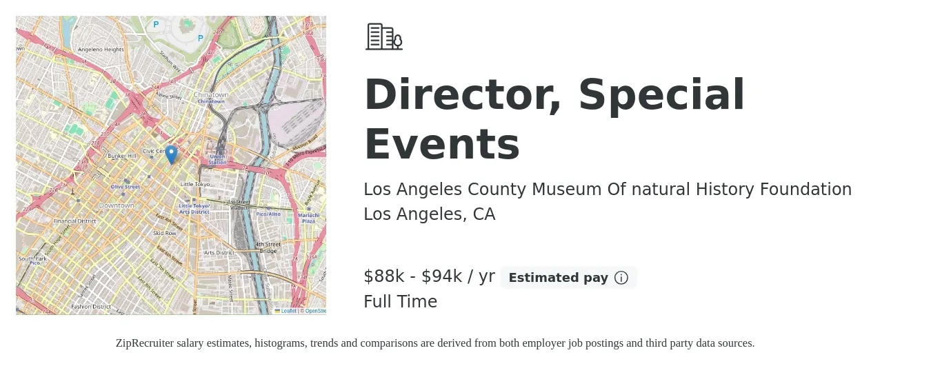 Los Angeles County Museum Of natural History Foundation job posting for a Director, Special Events in Los Angeles, CA with a salary of $88,040 to $94,667 Yearly with a map of Los Angeles location.