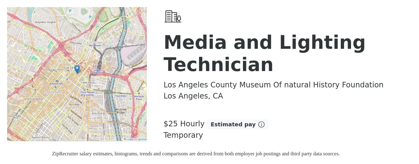 Los Angeles County Museum Of natural History Foundation job posting for a Media and Lighting Technician in Los Angeles, CA with a salary of $26 Hourly with a map of Los Angeles location.
