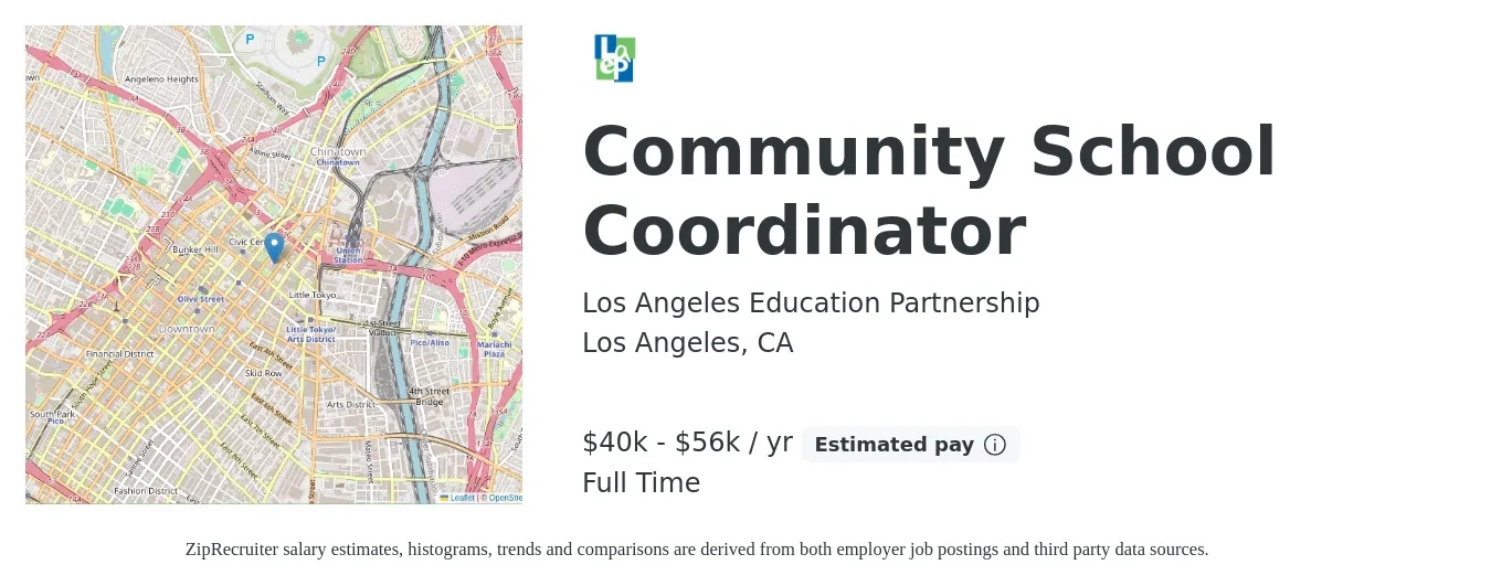Los Angeles Education Partnership job posting for a Community School Coordinator in Los Angeles, CA with a salary of $40,580 to $56,000 Yearly with a map of Los Angeles location.
