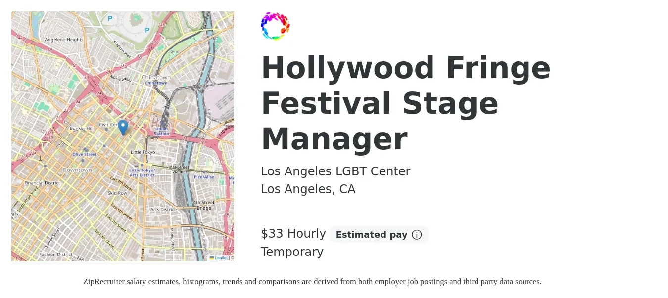 Los Angeles LGBT Center job posting for a Hollywood Fringe Festival Stage Manager in Los Angeles, CA with a salary of $35 Hourly with a map of Los Angeles location.