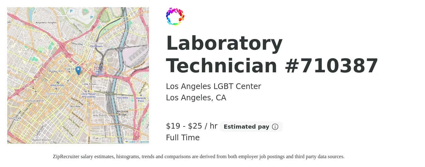 Los Angeles LGBT Center job posting for a Laboratory Technician #710387 in Los Angeles, CA with a salary of $20 to $26 Hourly with a map of Los Angeles location.