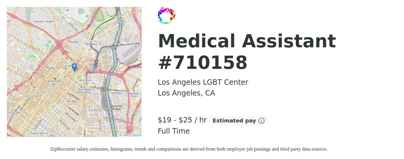 Los Angeles LGBT Center job posting for a Medical Assistant #710158 in Los Angeles, CA with a salary of $20 to $26 Hourly with a map of Los Angeles location.