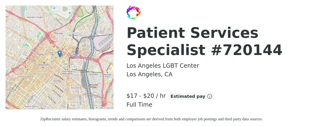 Los Angeles LGBT Center job posting for a Patient Services Specialist #720144 in Los Angeles, CA with a salary of $18 to $21 Hourly with a map of Los Angeles location.