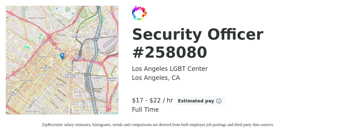 Los Angeles LGBT Center job posting for a Security Officer #258080 in Los Angeles, CA with a salary of $18 to $24 Hourly with a map of Los Angeles location.