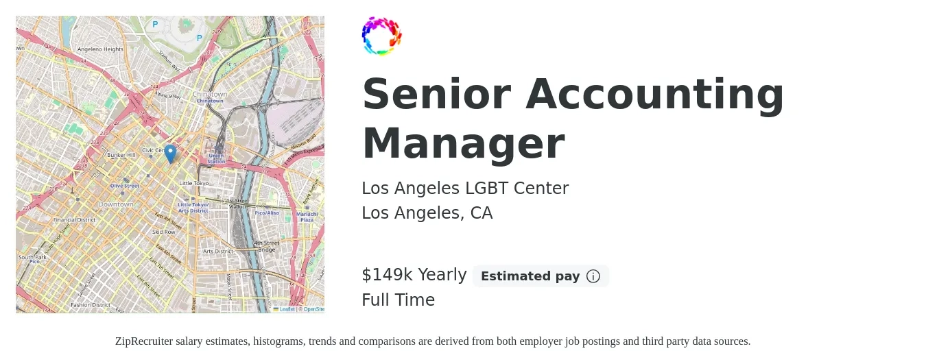 Los Angeles LGBT Center job posting for a Senior Accounting Manager in Los Angeles, CA with a salary of $149,417 Yearly with a map of Los Angeles location.