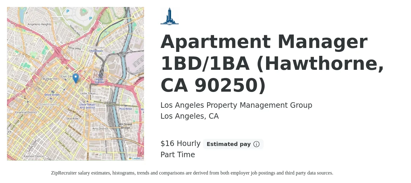 Los Angeles Property Management Group job posting for a Apartment Manager 1BD/1BA (Hawthorne, CA 90250) in Los Angeles, CA with a salary of $17 Hourly with a map of Los Angeles location.