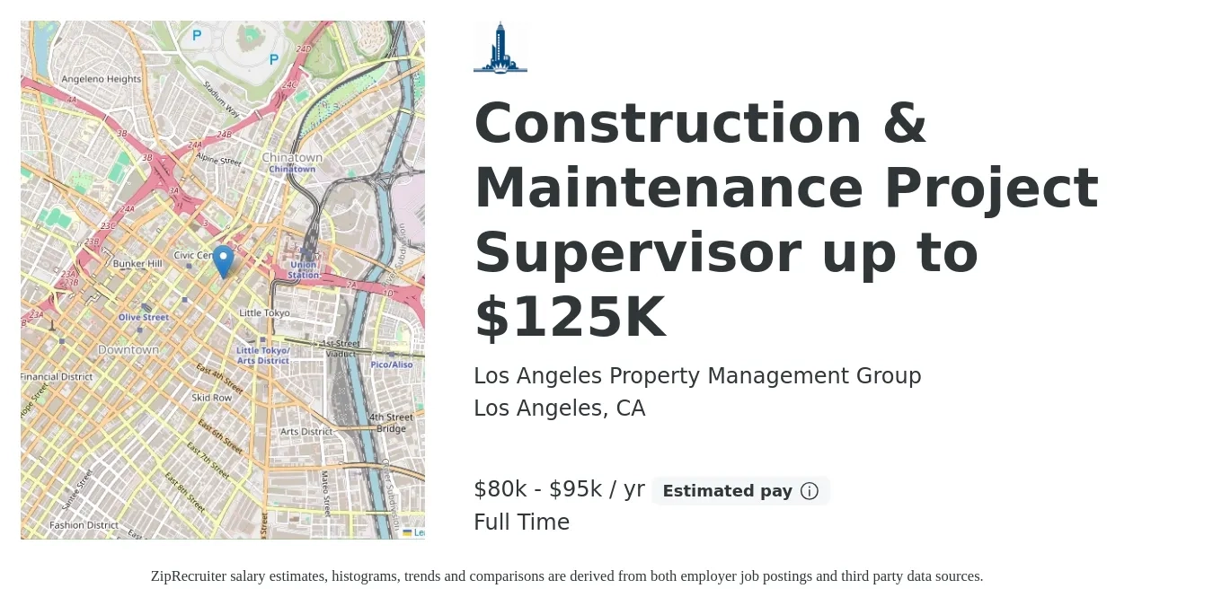 Los Angeles Property Management Group job posting for a Construction & Maintenance Project Supervisor up to $125K in Los Angeles, CA with a salary of $80,000 to $95,000 Yearly with a map of Los Angeles location.