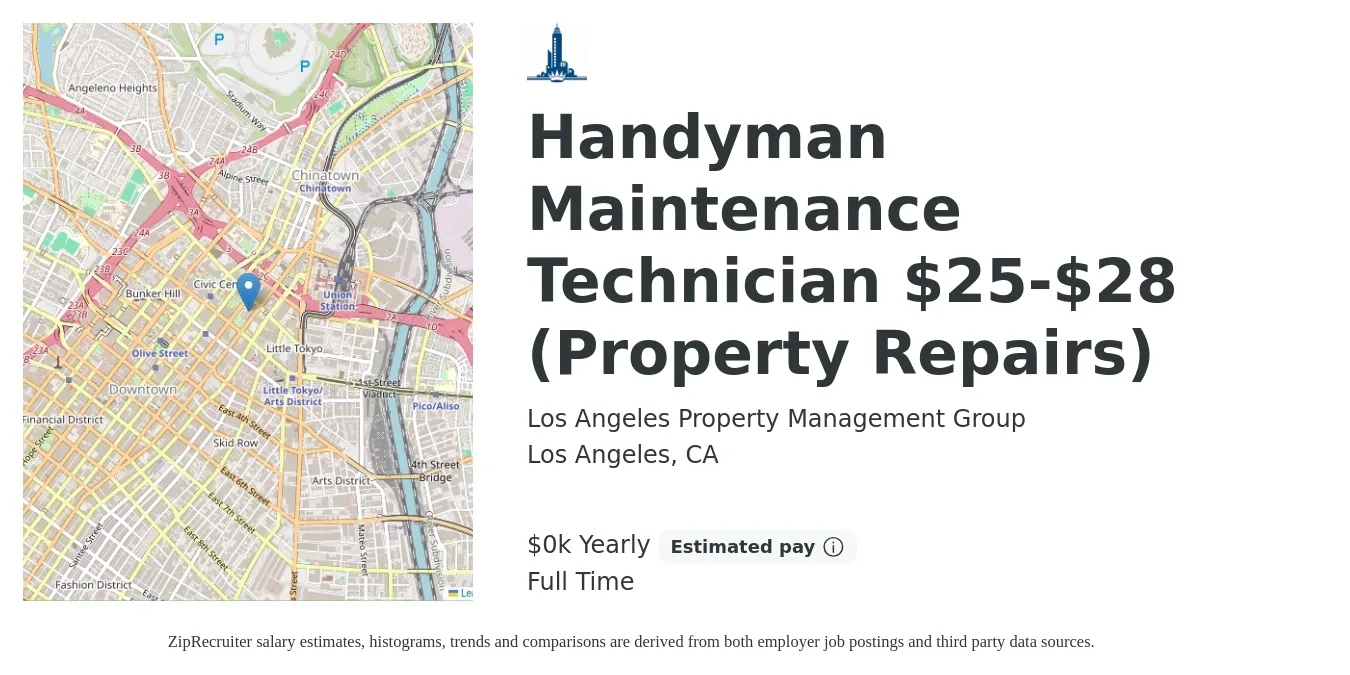 Los Angeles Property Management Group job posting for a Handyman Maintenance Technician $25-$28 (Property Repairs) in Los Angeles, CA with a salary of $25 to $28 Yearly with a map of Los Angeles location.