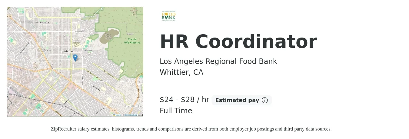 Los Angeles Regional Food Bank job posting for a HR Coordinator in Whittier, CA with a salary of $25 to $30 Hourly with a map of Whittier location.