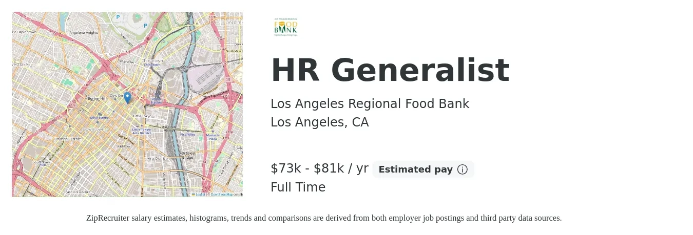 Los Angeles Regional Food Bank job posting for a HR Generalist in Los Angeles, CA with a salary of $73,000 to $81,000 Yearly with a map of Los Angeles location.