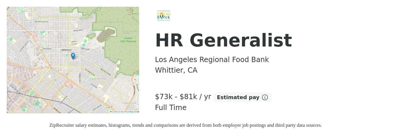 Los Angeles Regional Food Bank job posting for a HR Generalist in Whittier, CA with a salary of $73,000 to $81,000 Yearly with a map of Whittier location.