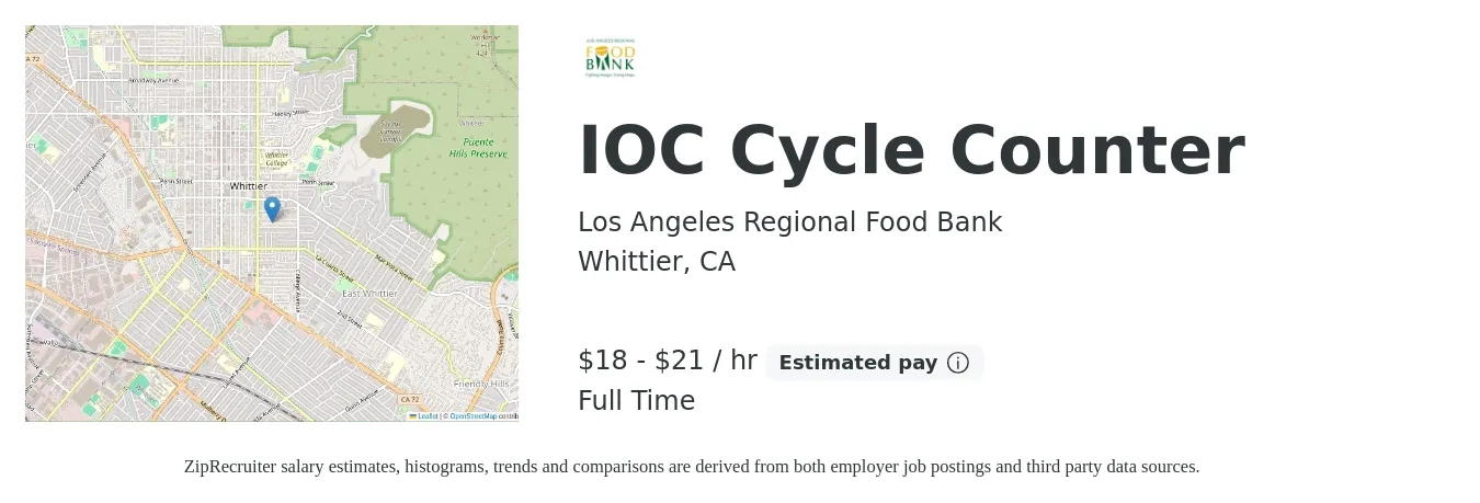 Los Angeles Regional Food Bank job posting for a IOC Cycle Counter in Whittier, CA with a salary of $19 to $22 Hourly with a map of Whittier location.