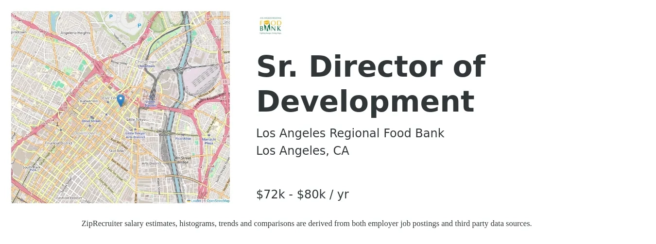Los Angeles Regional Food Bank job posting for a Sr. Director of Development in Los Angeles, CA with a salary of $72,000 to $80,000 Yearly with a map of Los Angeles location.