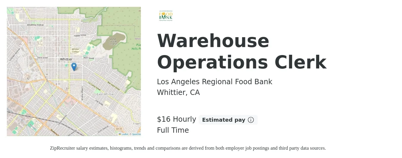Los Angeles Regional Food Bank job posting for a Warehouse Operations Clerk in Whittier, CA with a salary of $18 Hourly with a map of Whittier location.