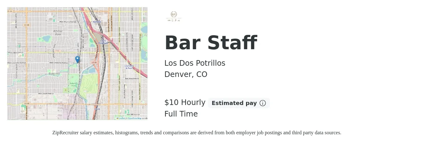 Los Dos Potrillos job posting for a Bar Staff in Denver, CO with a salary of $11 Hourly with a map of Denver location.