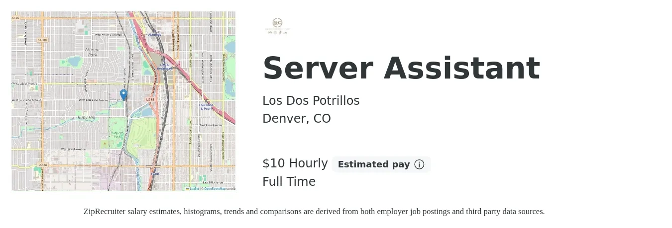 Los Dos Potrillos job posting for a Server Assistant in Denver, CO with a salary of $11 Hourly with a map of Denver location.