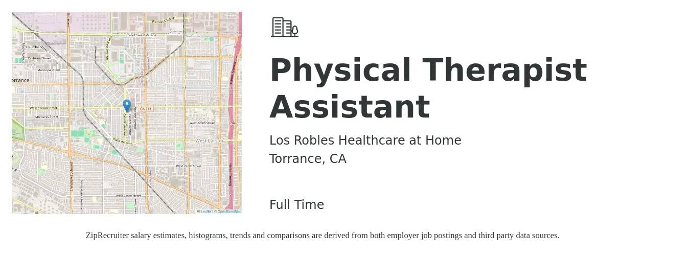 Los Robles Healthcare at Home job posting for a Physical Therapist Assistant in Torrance, CA with a salary of $29 to $38 Hourly with a map of Torrance location.