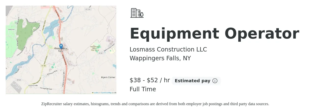 Losmass Construction LLC job posting for a Equipment Operator in Wappingers Falls, NY with a salary of $40 to $55 Hourly with a map of Wappingers Falls location.