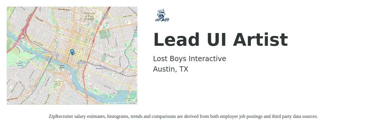 Lost Boys Interactive job posting for a Lead UI Artist in Austin, TX with a salary of $92,600 to $136,500 Yearly with a map of Austin location.