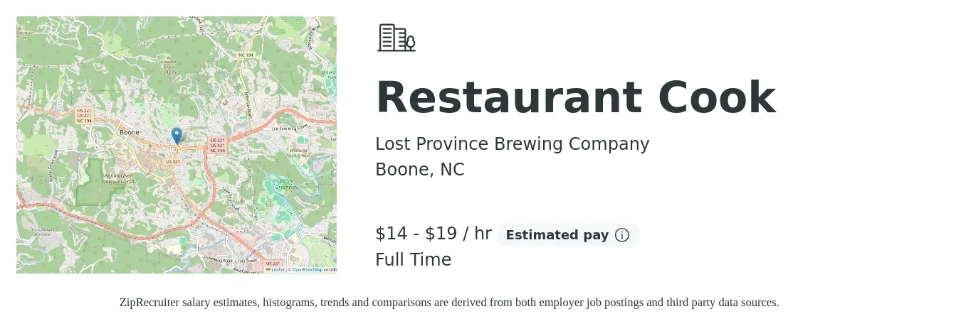 Lost Province Brewing Company job posting for a Restaurant Cook in Boone, NC with a salary of $15 to $20 Hourly with a map of Boone location.