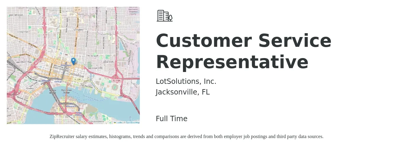 LotSolutions, Inc. job posting for a Customer Service Representative in Jacksonville, FL with a salary of $14 to $20 Hourly with a map of Jacksonville location.