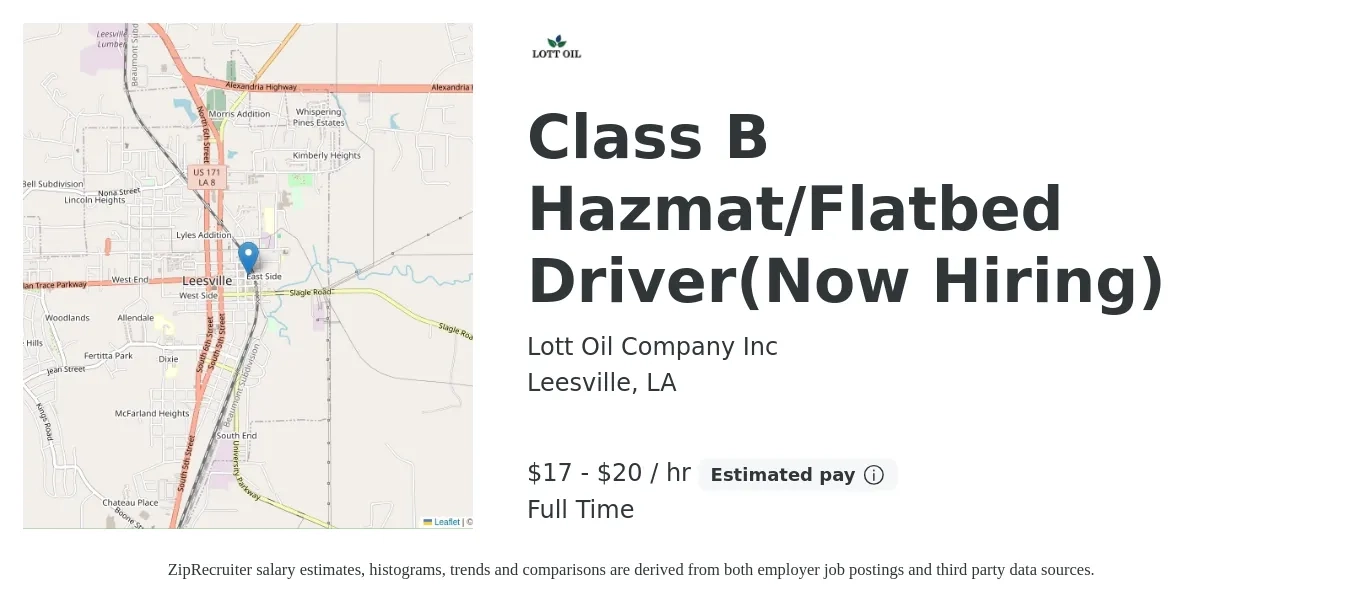 Lott Oil Company Inc job posting for a Class B Hazmat/Flatbed Driver(Now Hiring) in Leesville, LA with a salary of $18 to $21 Hourly with a map of Leesville location.