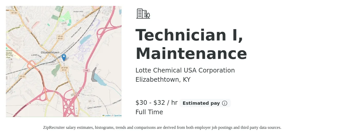 Lotte Chemical USA Corporation job posting for a Technician I, Maintenance in Elizabethtown, KY with a salary of $24 to $32 Hourly with a map of Elizabethtown location.