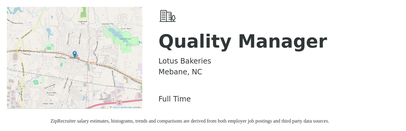 LotusBakeries job posting for a Quality Manager in Mebane, NC with a salary of $60,900 to $95,100 Yearly with a map of Mebane location.
