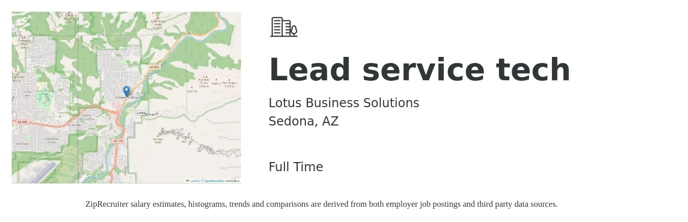 Lotus Business Solutions job posting for a Lead service tech in Sedona, AZ with a salary of $30 to $35 Hourly with a map of Sedona location.