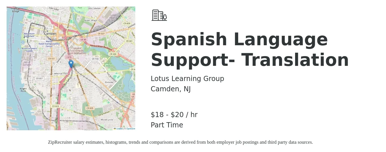 Lotus Learning Group job posting for a Spanish Language Support- Translation in Camden, NJ with a salary of $19 to $21 Hourly with a map of Camden location.