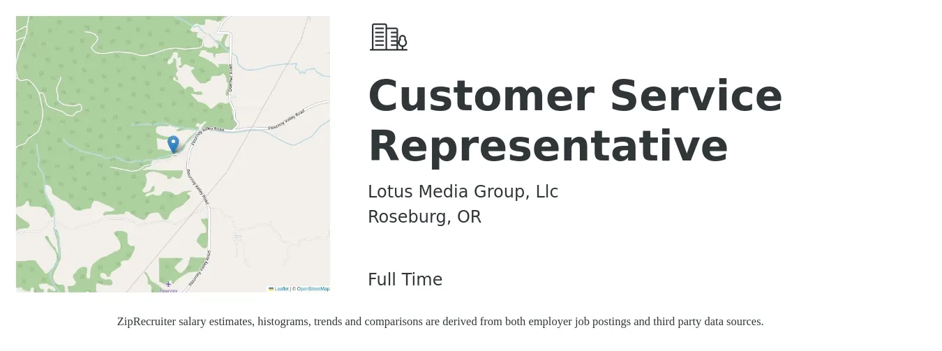 Lotus Media Group, Llc job posting for a Customer Service Representative in Roseburg, OR with a salary of $15 to $21 Hourly with a map of Roseburg location.