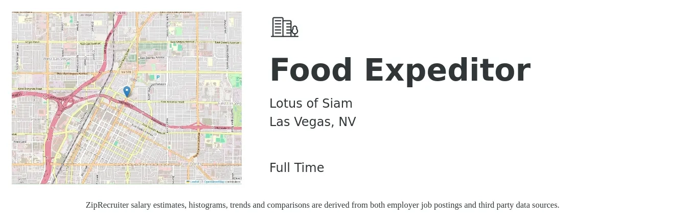 Lotus of Siam job posting for a Food Expeditor in Las Vegas, NV with a salary of $13 to $17 Hourly with a map of Las Vegas location.