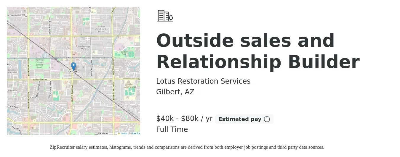 Lotus Restoration Services job posting for a Outside sales and Relationship Builder in Gilbert, AZ with a salary of $40,000 to $80,000 Yearly with a map of Gilbert location.