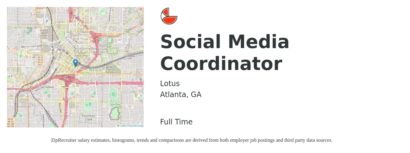 Lotus job posting for a Social Media Coordinator in Atlanta, GA with a salary of $19 to $27 Hourly with a map of Atlanta location.
