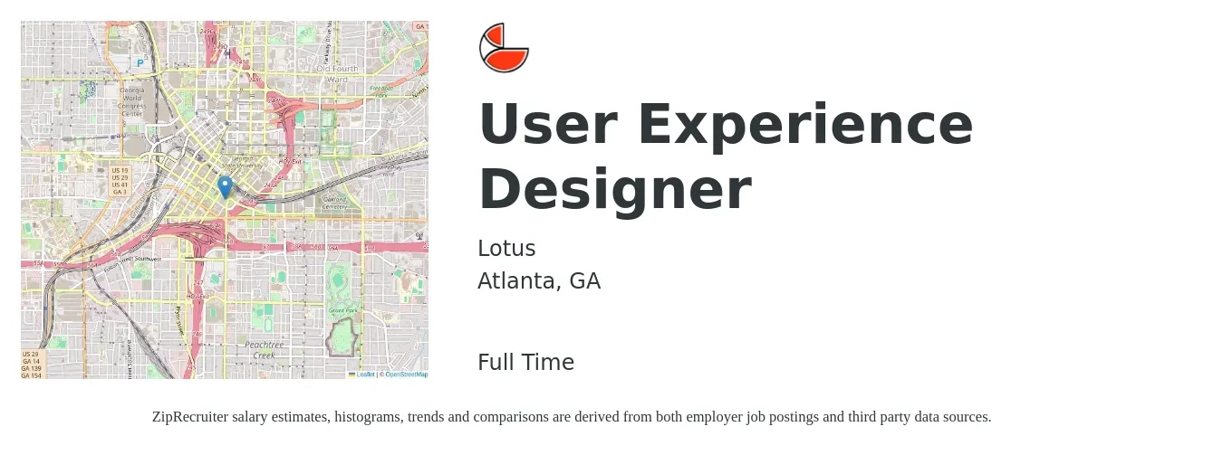 Lotus job posting for a User Experience Designer in Atlanta, GA with a salary of $87,500 to $120,200 Yearly with a map of Atlanta location.