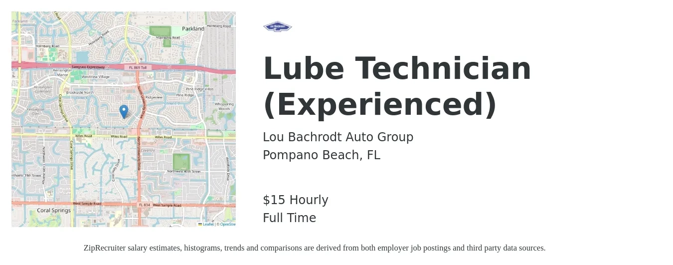 Lou Bachrodt Auto Group job posting for a Lube Technician (Experienced) in Pompano Beach, FL with a salary of $16 Hourly with a map of Pompano Beach location.