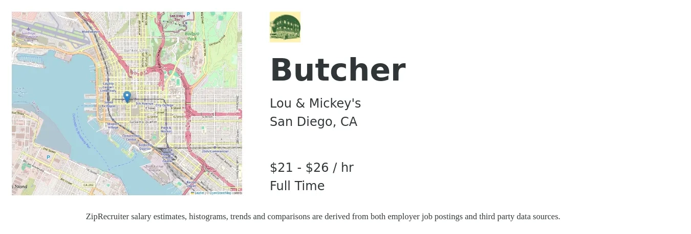 Lou & Mickey's job posting for a Butcher in San Diego, CA with a salary of $22 to $28 Hourly with a map of San Diego location.