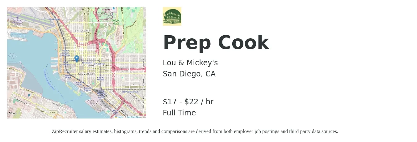 Lou & Mickey's job posting for a Prep Cook in San Diego, CA with a salary of $18 to $23 Hourly with a map of San Diego location.