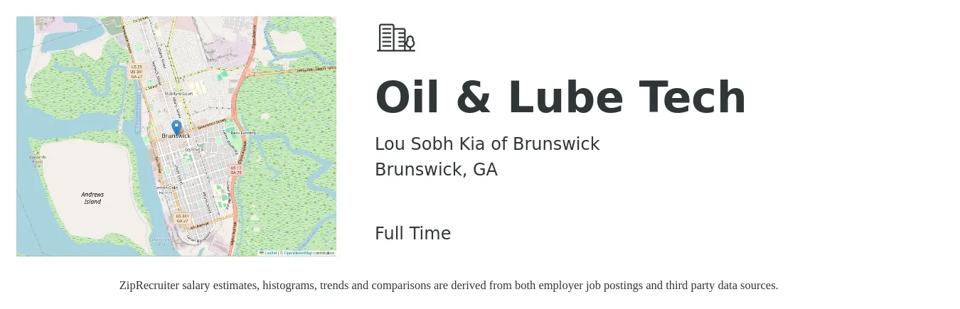 Lou Sobh Kia of Brunswick job posting for a Oil & Lube Tech in Brunswick, GA with a salary of $13 to $17 Hourly with a map of Brunswick location.