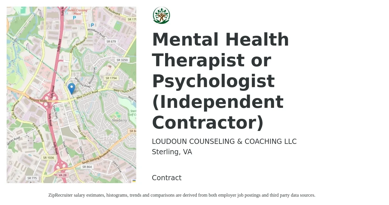 LOUDOUN COUNSELING & COACHING LLC job posting for a Mental Health Therapist or Psychologist (Independent Contractor) in Sterling, VA with a salary of $59,400 to $84,200 Yearly with a map of Sterling location.