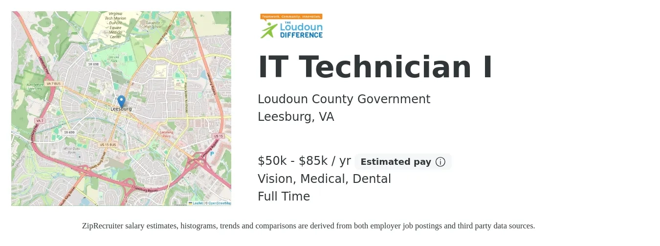 Loudoun County Government job posting for a IT Technician I in Leesburg, VA with a salary of $50,282 to $85,480 Yearly and benefits including dental, life_insurance, medical, retirement, and vision with a map of Leesburg location.