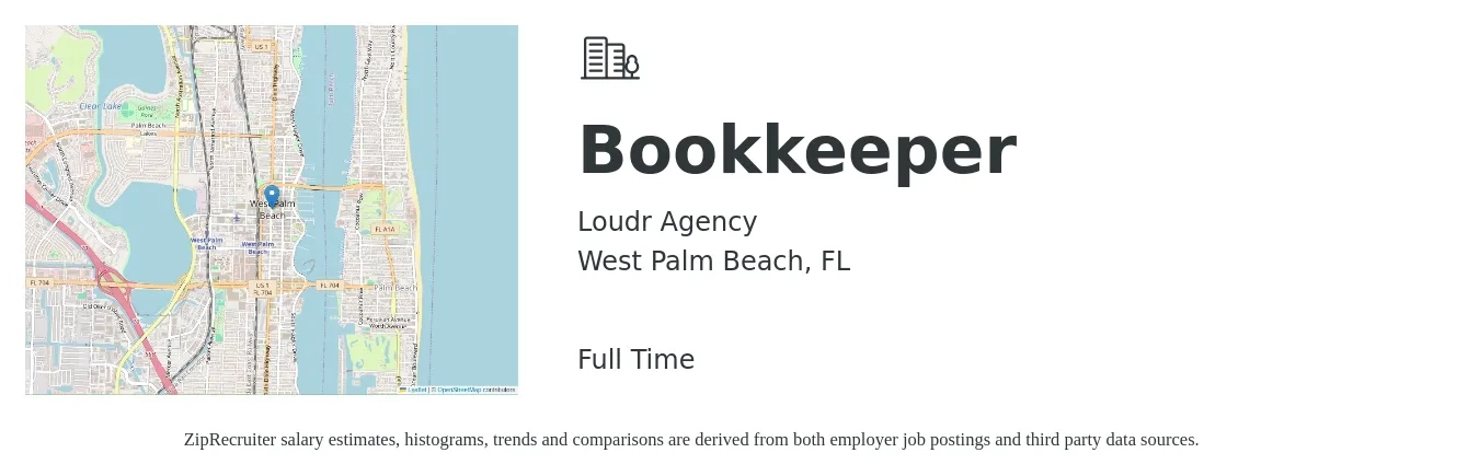 Loudr Agency job posting for a Bookkeeper in West Palm Beach, FL with a salary of $50,000 to $70,000 Yearly with a map of West Palm Beach location.