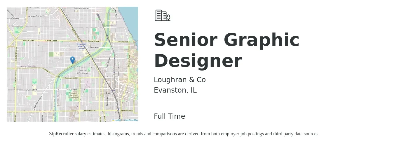 Loughran & Co job posting for a Senior Graphic Designer in Evanston, IL with a salary of $61,500 to $84,400 Yearly with a map of Evanston location.